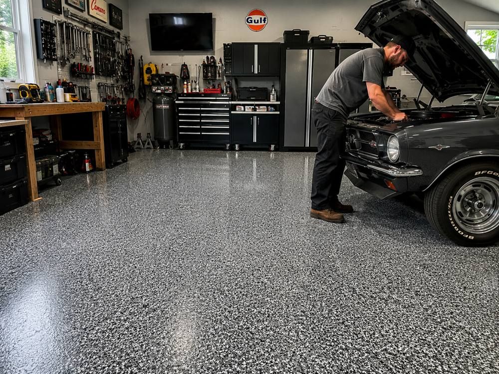 Gray flake epoxy floor in a home garage with a classic car